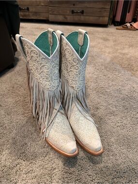 Corral white Embroidered Fringe Kids Western Boots with Teal Lining